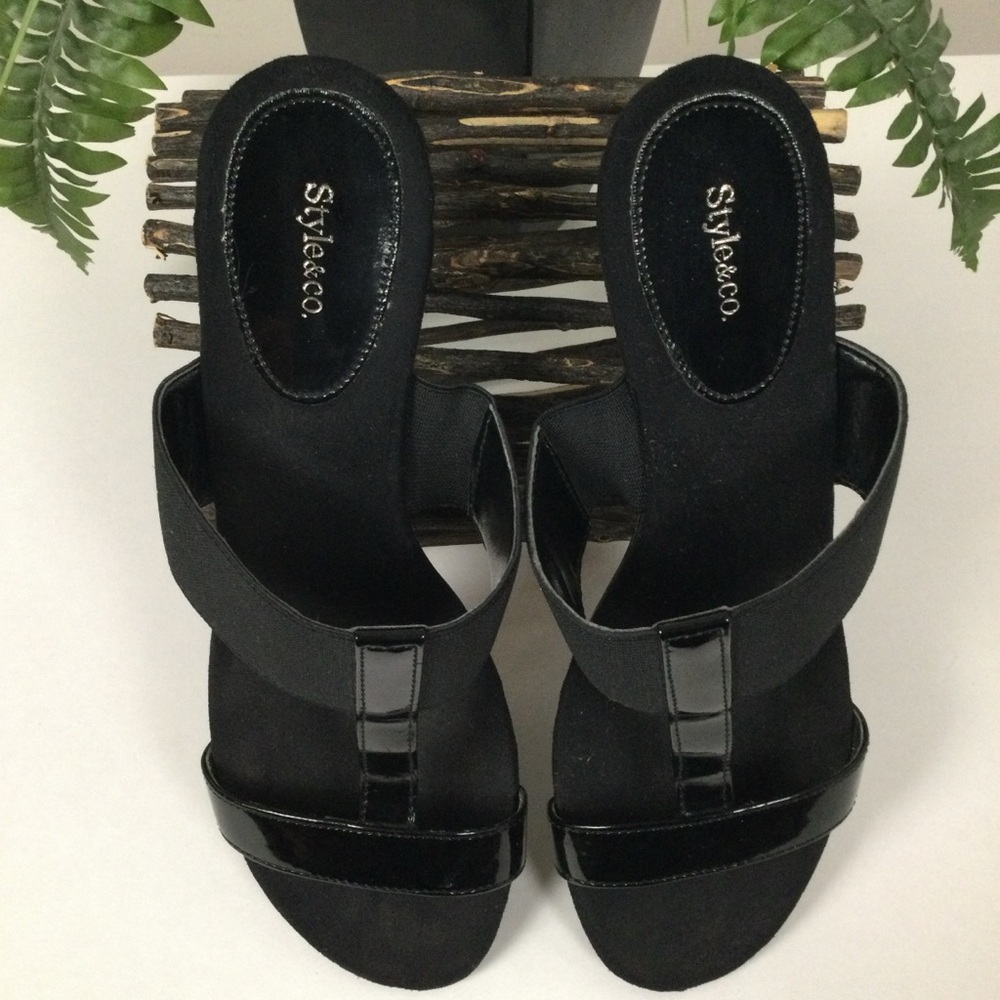 👛 (ANY 2/$30( STYLE & CO. Black Wedge Sandals, Elasticized Wide Band